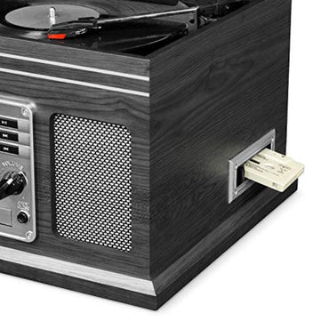 مشغل أسطوانات فيكترولا VTA-200B 6 في 1 بتصميم كلاسيكي عتيق من الخشب، مزود بتقنية بلوتوث، وقرص دوار بثلاث سرعات، ومشغل أقراص مدمجة، ومشغل أشرطة كاسيت، وراديو.