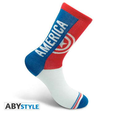 Captain America Shield/Text Design Marvel Licensed Blue, Red & White Unisex One Size Fits All Crew Socks (One Pair)
