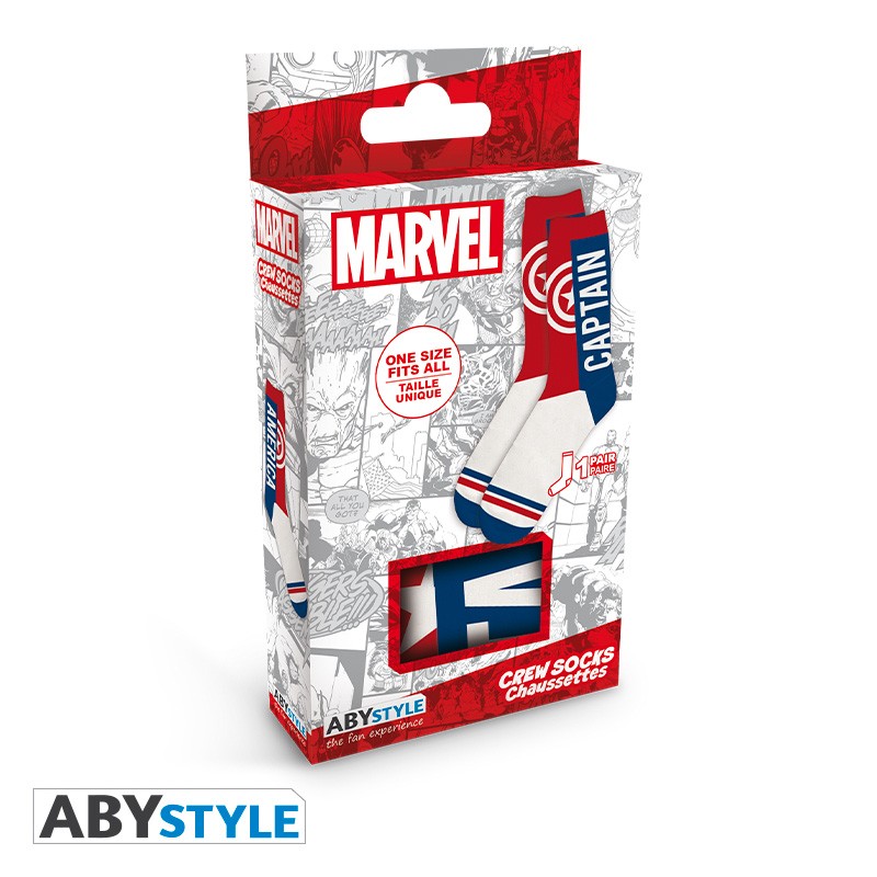 جوارب كابتن أمريكا بتصميم شعار/نص، مرخصة من مارفل، باللون الأزرق والأحمر والأبيض، للجنسين، مقاس واحد يناسب الجميع (زوج واحد)