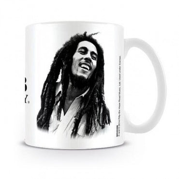 Bob Marley Sketched Black & White Portrait with Black Font Logo Artwork White Mug