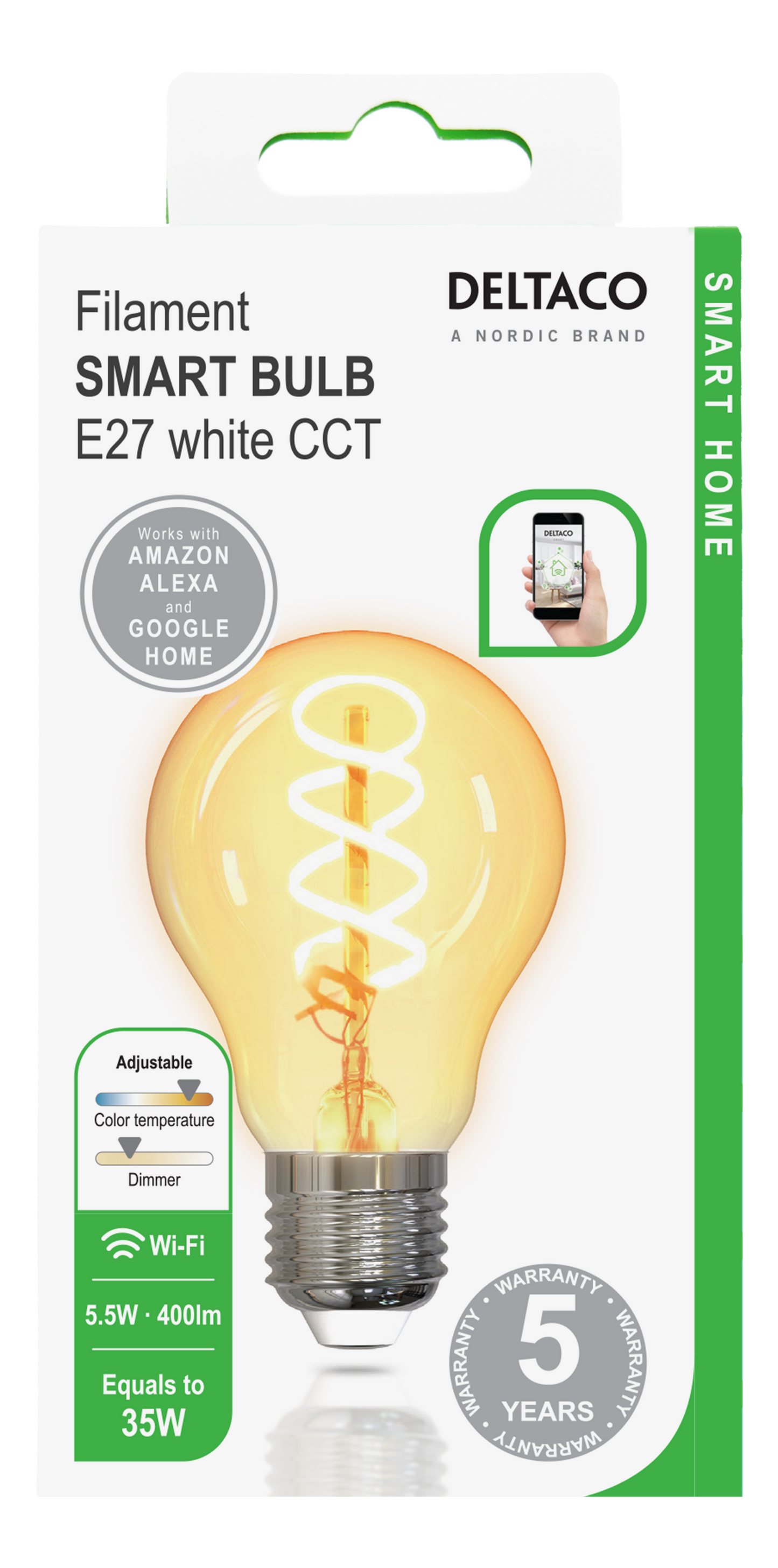 مصباح ذكي من دلتاكو للمنزل الذكي بتقنية LED طراز SH-LFE27A60S، قاعدة A60، E27، 5.5 واط، مزود بتقنية واي فاي بتردد 2 جيجاهرتز، لون أبيض CCT