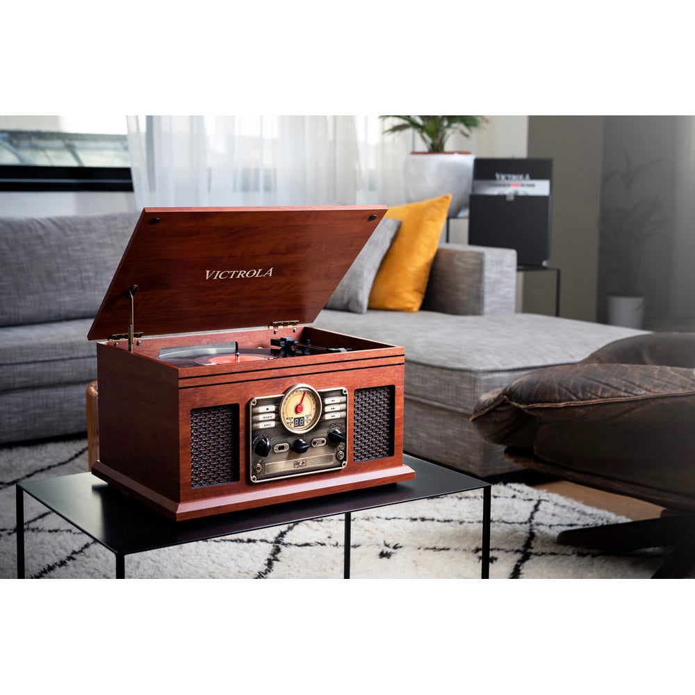 Victrola VTA-200B 6-in-1 Nostalgic Classic Wood Bluetooth Record Player with 3-Speed Turntable, CD, Cassette Player and Radio Music Centre