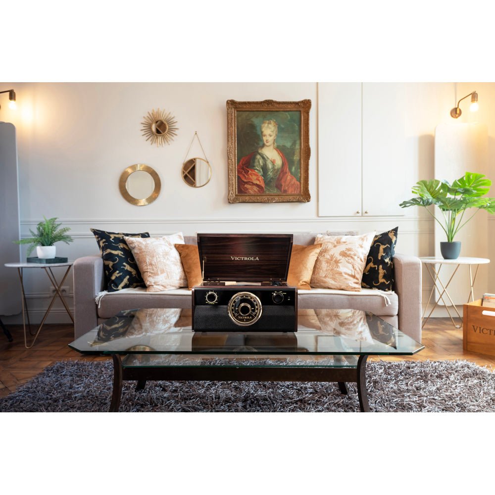 مشغل أسطوانات فيكترولا إمباير جونيور VTA-240B 4 في 1 خشبي بتقنية بلوتوث، بتصميم منتصف القرن، مزود بقرص دوار بثلاث سرعات وراديو FM ومركز موسيقى