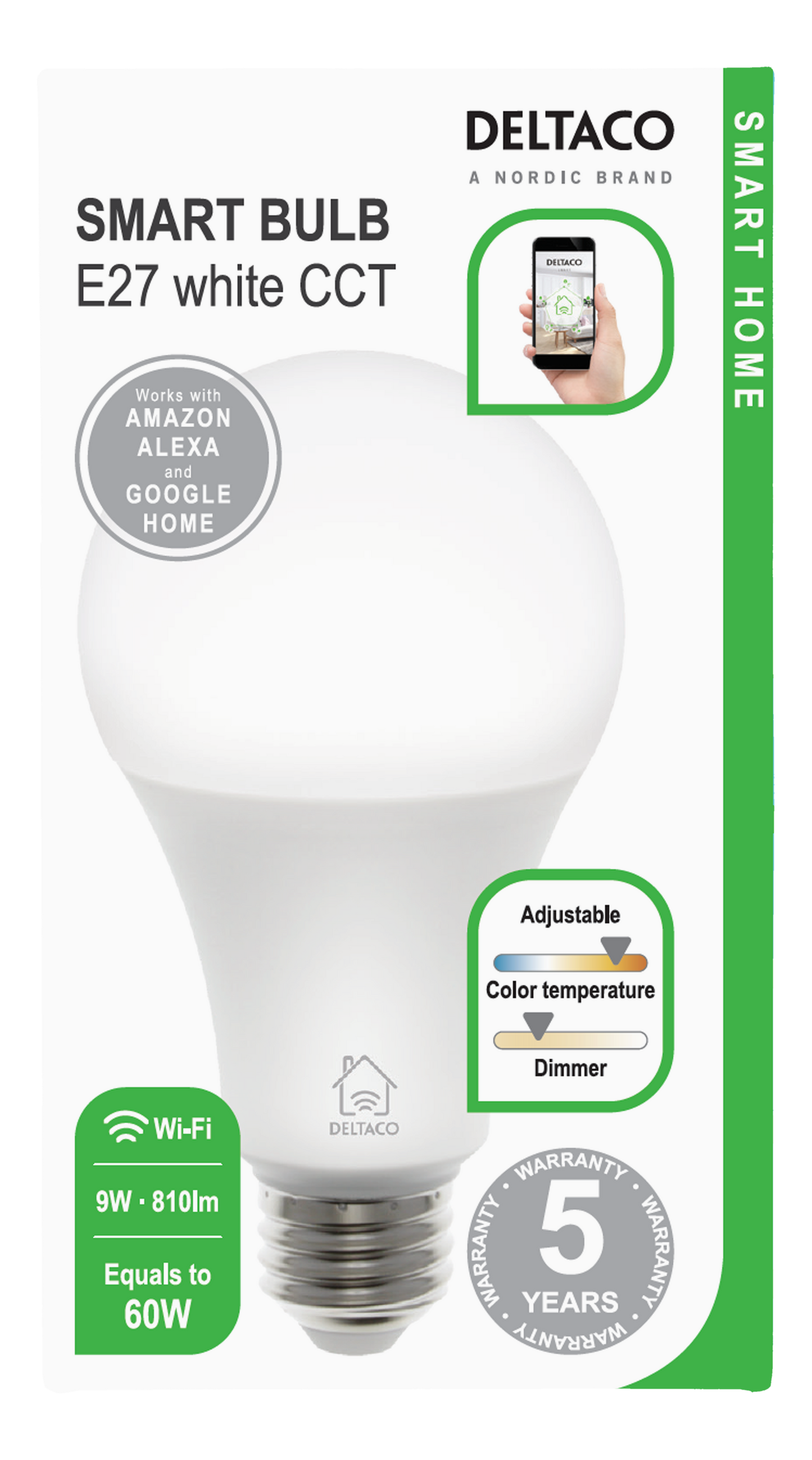 مصباح دلتاكو الذكي المنزلي LED SH-LE27W، قاعدة E27، 9 واط، واي فاي 2. جيجاهرتز، أبيض CCT