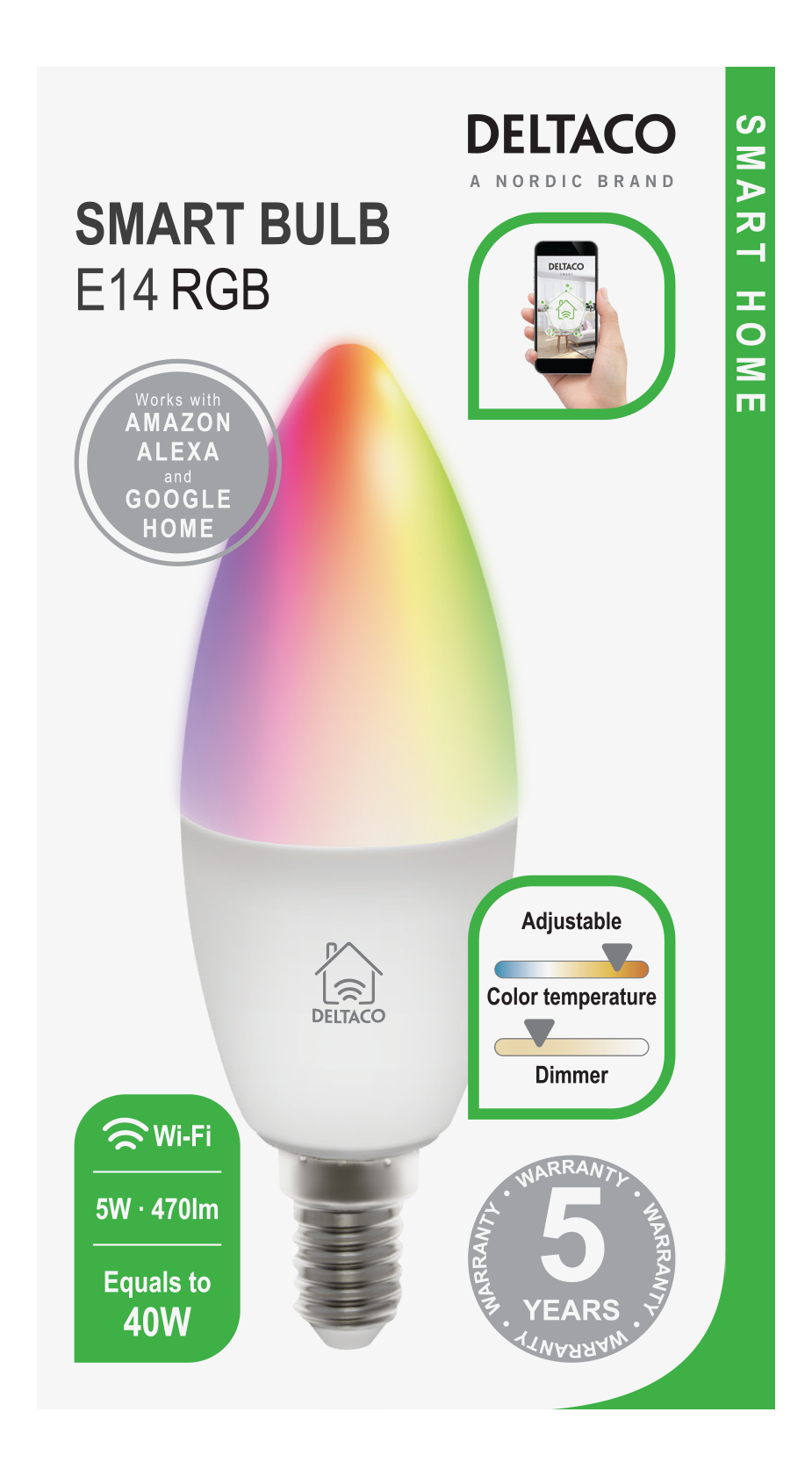 Deltaco Smart Home LED SH-LE14RGB , E14, 5W, Wi-Fi 2.GHz RGB and White CCT Smart Bulb