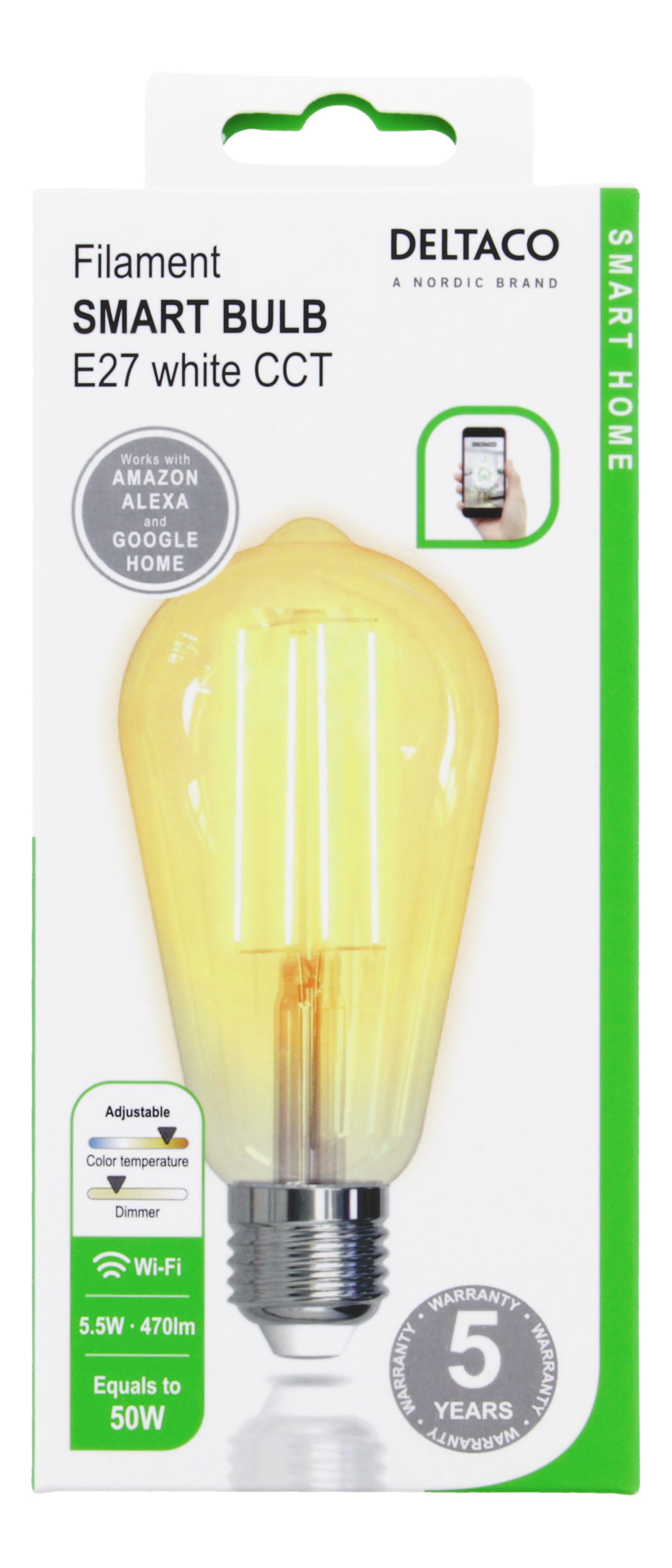 مصباح ذكي من دلتاكو للمنزل الذكي بتقنية LED طراز SH-LFE27ST64، قاعدة E27، قدرة 5.5 واط، يدعم تقنية Wi-Fi بتردد 2 جيجاهرتز، لون أبيض.
