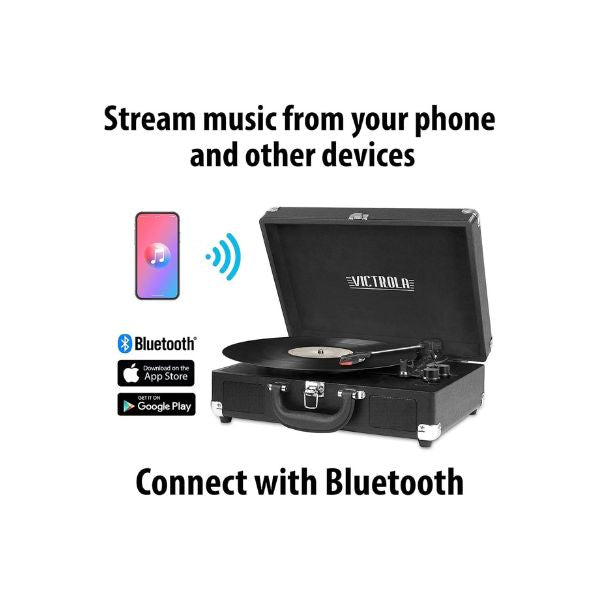 مشغل أسطوانات فيكتورولا Journey+ Signature، يدعم تقنية بلوتوث لبث أسطوانات الفينيل بسرعة 33-1/3 و45 و78 دورة في الدقيقة، مزود بمكبرات صوت مدمجة ومخرج ستيريو RCA (رمادي).