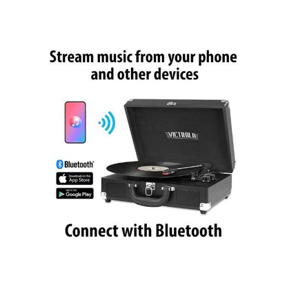 مشغل أسطوانات فيكتورولا Journey+ Signature، يدعم تقنية بلوتوث لبث أسطوانات الفينيل بسرعة 33-1/3 و45 و78 دورة في الدقيقة، مزود بمكبرات صوت مدمجة ومخرج ستيريو RCA (رمادي).