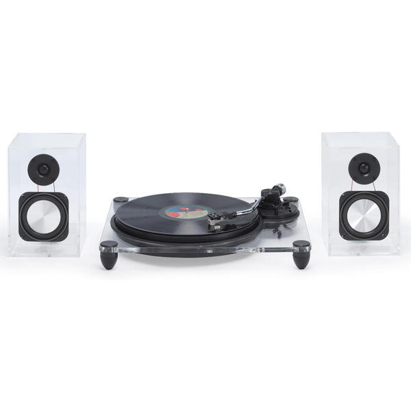 Steepletone Soho Clear Acrylic Vinyl Record Player, with Wireless Speakers 2 speed turntable with Counter Weight & AT-3600L Cartridge