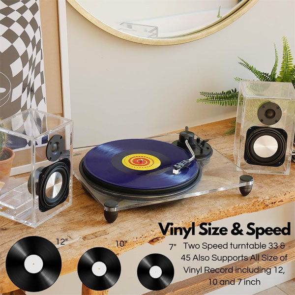 Steepletone Soho Clear Acrylic Vinyl Record Player, with Wireless Speakers 2 speed turntable with Counter Weight & AT-3600L Cartridge
