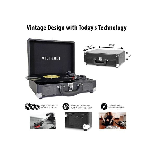 مشغل أسطوانات فيكتورولا Journey+ Signature، يدعم تقنية بلوتوث لبث أسطوانات الفينيل بسرعة 33-1/3 و45 و78 دورة في الدقيقة، مزود بمكبرات صوت مدمجة ومخرج ستيريو RCA (رمادي).