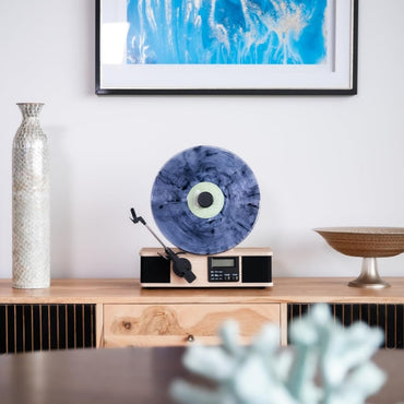 Fuse Vertical Turntable with Built in Album Cover Mount, Mid Century Modern Vinyl Player with Built-in Speakers and Bluetooth, FM Radio