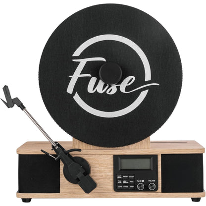 Fuse Vertical Turntable with Built in Album Cover Mount, Mid Century Modern Vinyl Player with Built-in Speakers and Bluetooth, FM Radio
