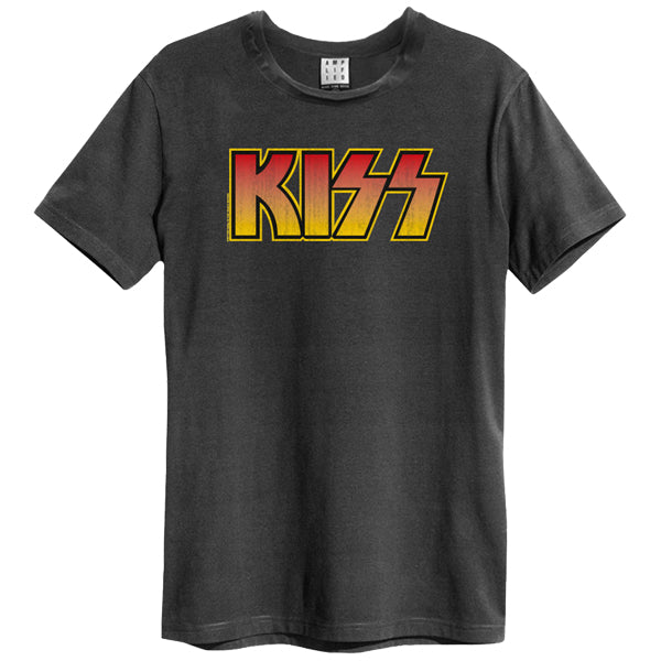 KISS - Classic Logo Distressed Amplified Vintage Charcoal T Shirt  - Large (AS.IS) (Good Fade)