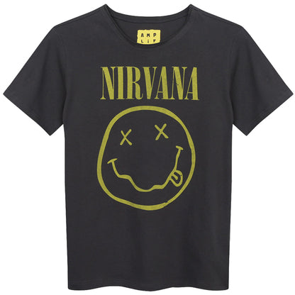 Nirvana - Smiley Face Amplified Vintage Charcoal Kids T-Shirt. Now available online in UAE