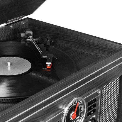مشغل أسطوانات فيكترولا VTA-200B 6 في 1 بتصميم كلاسيكي عتيق من الخشب، مزود بتقنية بلوتوث، وقرص دوار بثلاث سرعات، ومشغل أقراص مدمجة، ومشغل أشرطة كاسيت، وراديو.