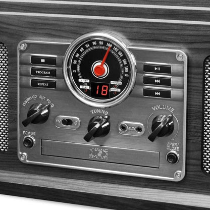 مشغل أسطوانات فيكترولا VTA-200B 6 في 1 بتصميم كلاسيكي عتيق من الخشب، مزود بتقنية بلوتوث، وقرص دوار بثلاث سرعات، ومشغل أقراص مدمجة، ومشغل أشرطة كاسيت، وراديو.