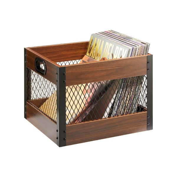 Echo Audio Vinyl Record Storage Crate, LP Collection Organizer Box Made of Plywood and Metallic Mesh, Carry Handles, 65 Records Storage Capacity, Ideal Home Decor