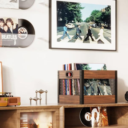 Echo Audio Vinyl Record Storage Crate, LP Collection Organizer Box Made of Plywood and Metallic Mesh, Carry Handles, 65 Records Storage Capacity, Ideal Home Decor