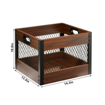 Echo Audio Vinyl Record Storage Crate, LP Collection Organizer Box Made of Plywood and Metallic Mesh, Carry Handles, 65 Records Storage Capacity, Ideal Home Decor