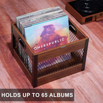 Echo Audio Vinyl Record Storage Crate, LP Collection Organizer Box Made of Plywood and Metallic Mesh, Carry Handles, 65 Records Storage Capacity, Ideal Home Decor