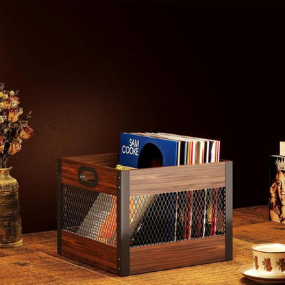 Echo Audio Vinyl Record Storage Crate, LP Collection Organizer Box Made of Plywood and Metallic Mesh, Carry Handles, 65 Records Storage Capacity, Ideal Home Decor
