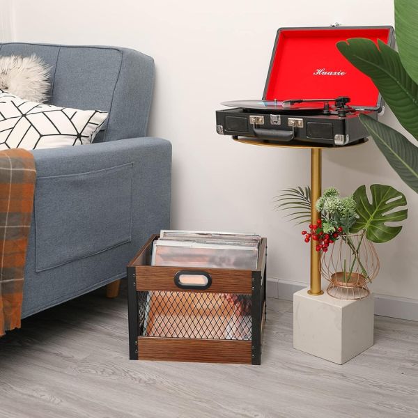 Echo Audio Vinyl Record Storage Crate, LP Collection Organizer Box Made of Plywood and Metallic Mesh, Carry Handles, 65 Records Storage Capacity, Ideal Home Decor