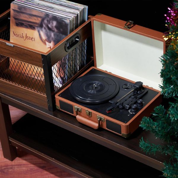 Echo Audio Vinyl Record Storage Crate, LP Collection Organizer Box Made of Plywood and Metallic Mesh, Carry Handles, 65 Records Storage Capacity, Ideal Home Decor