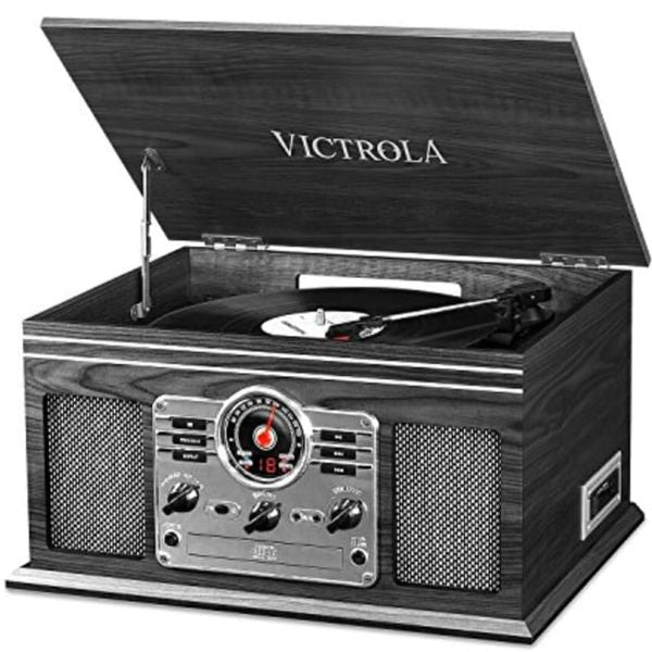 مشغل أسطوانات فيكترولا VTA-200B 6 في 1 بتصميم كلاسيكي عتيق من الخشب، مزود بتقنية بلوتوث، وقرص دوار بثلاث سرعات، ومشغل أقراص مدمجة، ومشغل أشرطة كاسيت، وراديو.