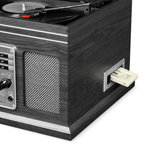 مشغل أسطوانات فيكترولا VTA-200B 6 في 1 بتصميم كلاسيكي عتيق من الخشب، مزود بتقنية بلوتوث، وقرص دوار بثلاث سرعات، ومشغل أقراص مدمجة، ومشغل أشرطة كاسيت، وراديو.