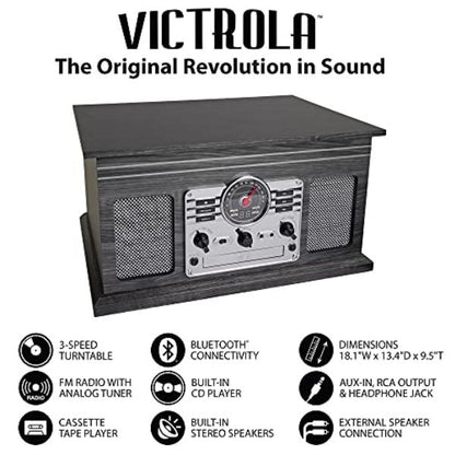 مشغل أسطوانات فيكترولا VTA-200B 6 في 1 بتصميم كلاسيكي عتيق من الخشب، مزود بتقنية بلوتوث، وقرص دوار بثلاث سرعات، ومشغل أقراص مدمجة، ومشغل أشرطة كاسيت، وراديو.