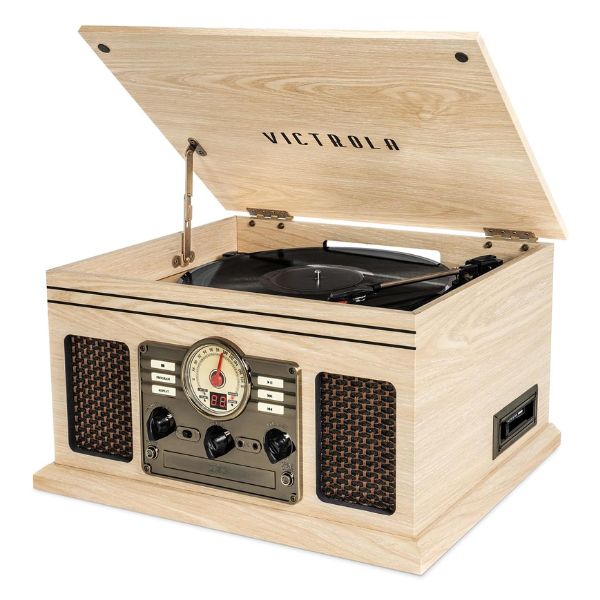 Victrola  (VTA-200B-NAT-INT) 6-in-1 Nostalgic Classic Wood Bluetooth Record Player with 3-Speed Turntable, CD, Cassette Player and Radio Music Centre