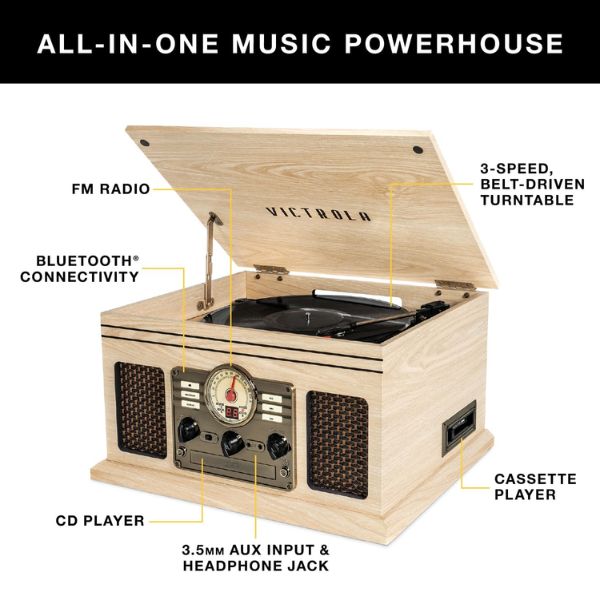 Victrola  (VTA-200B-NAT-INT) 6-in-1 Nostalgic Classic Wood Bluetooth Record Player with 3-Speed Turntable, CD, Cassette Player and Radio Music Centre