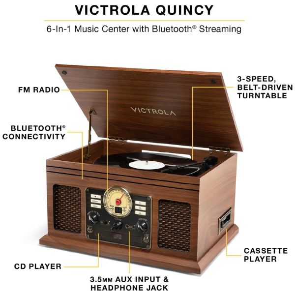 Victrola  (VTA-200B-WLN-INT) 6-in-1 Nostalgic Classic Wood Bluetooth Record Player with 3-Speed Turntable, CD, Cassette Player and Radio Music Centre