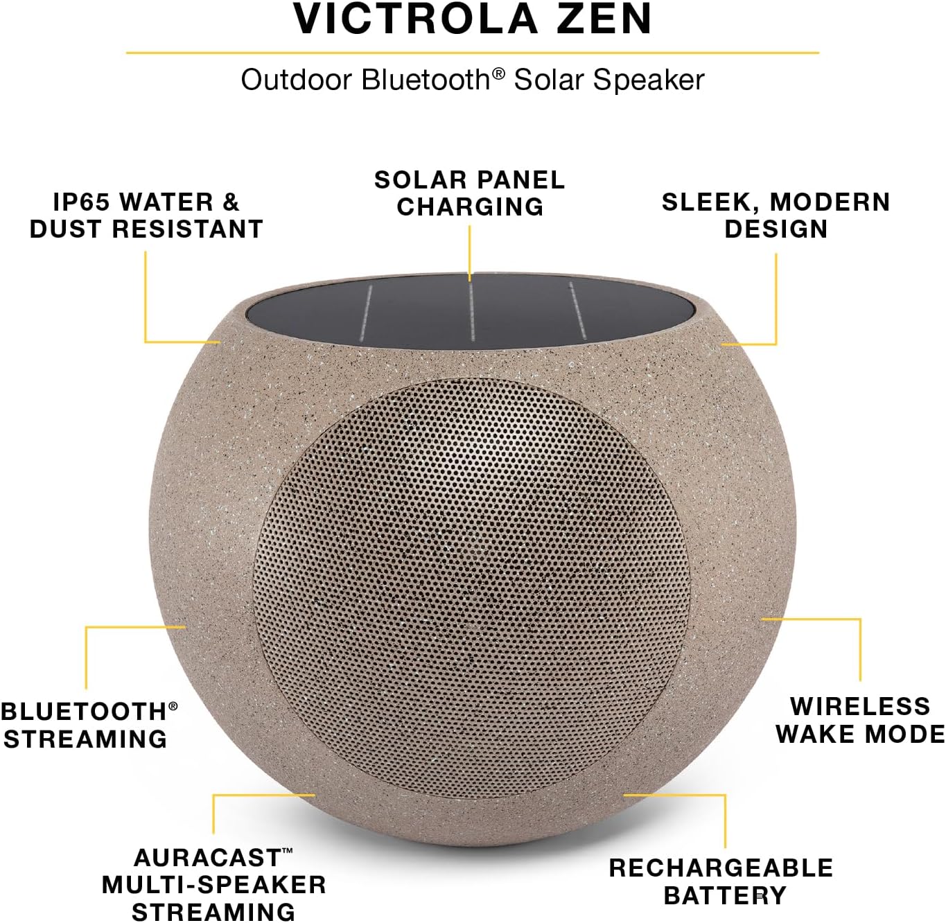 Victrola Zen – Wireless Outdoor Bluetooth Solar Speaker with Battery, Multi-Speaker Connection Using Auracast (Stone)