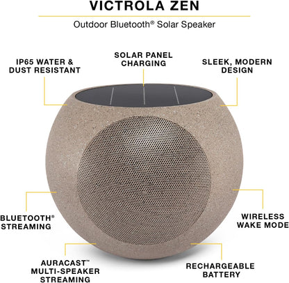 Victrola Zen – Wireless Outdoor Bluetooth Solar Speaker with Battery, Multi-Speaker Connection Using Auracast (Stone)