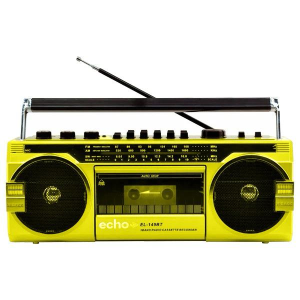 Echo Audio - Retro Blast Bluetooth Boombox, Portable Cassette Player Tape Recorder, 3 Band Radio, Voice Recorder, Headphone Jack, Supports USB and SD Cards - Yellow