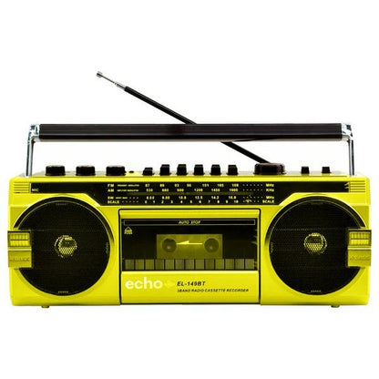 Echo Audio - Retro Blast Bluetooth Boombox, Portable Cassette Player Tape Recorder, 3 Band Radio, Voice Recorder, Headphone Jack, Supports USB and SD Cards - Yellow