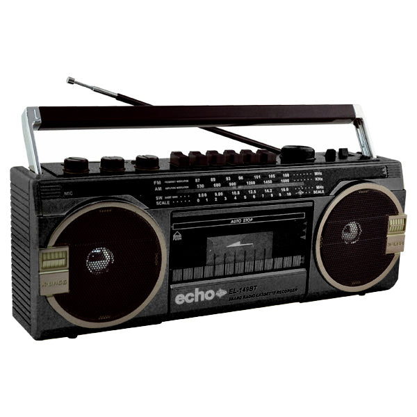 Echo Audio - Retro Blast Bluetooth Boombox, Portable Cassette Player Tape Recorder, 3 Band Radio, Voice Recorder, Headphone Jack, Supports USB and SD Cards - Black