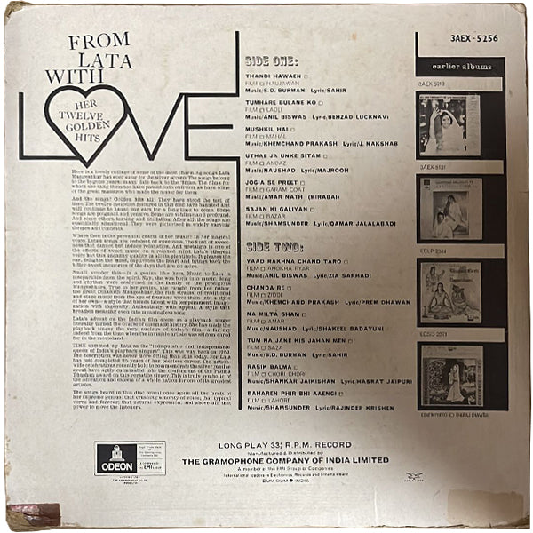 Lata Mangeshkar - From Lata With Love (Her Twelve Golden Hits) - LP(Used Vinyl)