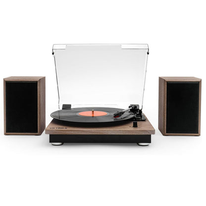 Victrola Montauk Vinyl Record Player, Oak Finish, 3-Speed Belt Driven Turntable with Stereo Bluetooth Speaker Pair, RCA Output and 3.5mm Headphone Jack, Removable Dust Cover