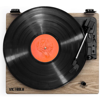 Victrola Montauk Vinyl Record Player, Oak Finish, 3-Speed Belt Driven Turntable with Stereo Bluetooth Speaker Pair, RCA Output and 3.5mm Headphone Jack, Removable Dust Cover