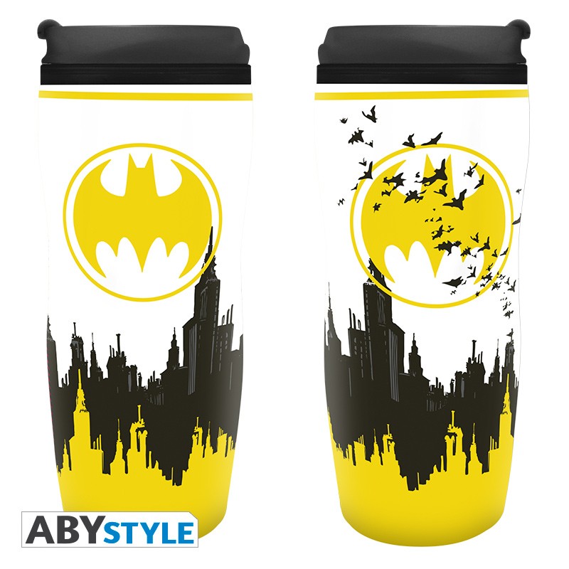Batman Bat-Signal at Gotham City's  Skyline Design DC Comics Licensed White 0.35 L Insulating Plastic Travel Mug/Tumbler