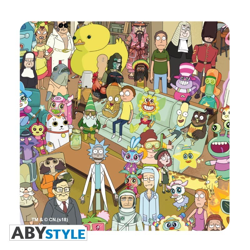 مجموعة من 4 قواعد أكواب من مادة الفلين، مرخصة من Adult Swim، مستوحاة من مسلسل ريك ومورتي.