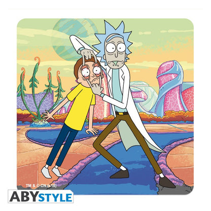 مجموعة من 4 قواعد أكواب من مادة الفلين، مرخصة من Adult Swim، مستوحاة من مسلسل ريك ومورتي.