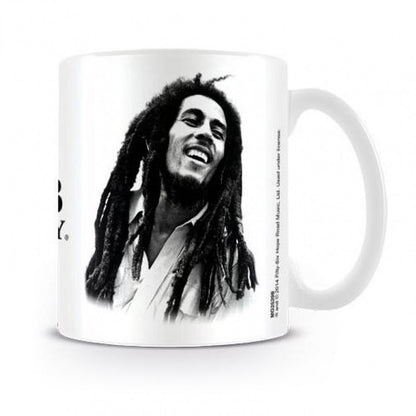 Bob Marley Sketched Black & White Portrait with Black Font Logo Artwork White Mug