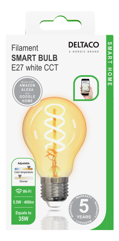 مصباح ذكي من دلتاكو للمنزل الذكي بتقنية LED طراز SH-LFE27A60S، قاعدة A60، E27، 5.5 واط، مزود بتقنية واي فاي بتردد 2 جيجاهرتز، لون أبيض CCT