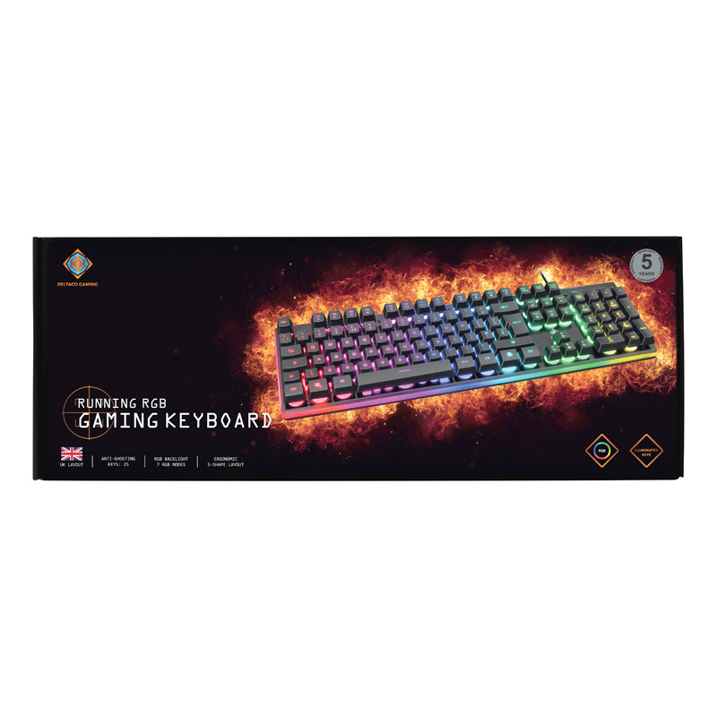 Deltaco Gaming GAM-021-RGB-UK Ergonomic S-shape RGB Membrane Switches Full Size UK Layout Anti-Ghosting Black Gaming Keyboard