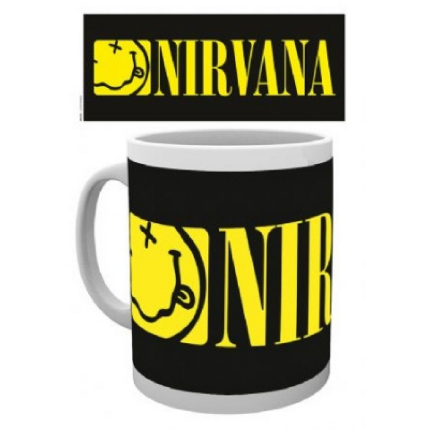 Nirvana Smiley Logo with Yellow Font Design White Mug