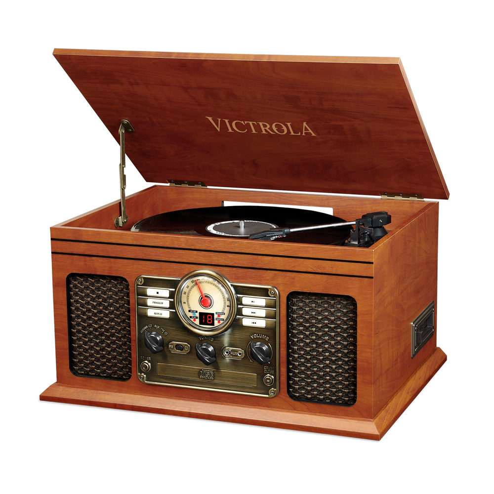 Victrola  VTA-200B 6-in-1 Nostalgic Classic Wood Bluetooth Record Player with 3-Speed Turntable, CD, Cassette Player and Radio Music Centre